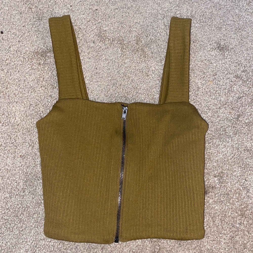 Aerie offline cropped zip up tank top light brown.